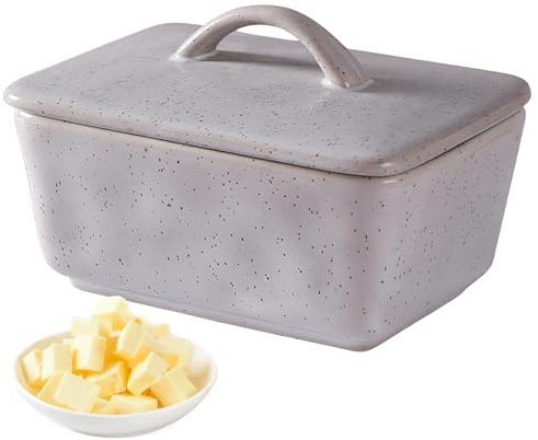 BAIFULAI Mantequera de cerámica con tapa: 14,5 x 10,2 x 6,5 cm, mantequera de porcelana con asa, plato de mantequilla de porcelana de alta calidad cabe en el frigorífico para frescura y mantequilla