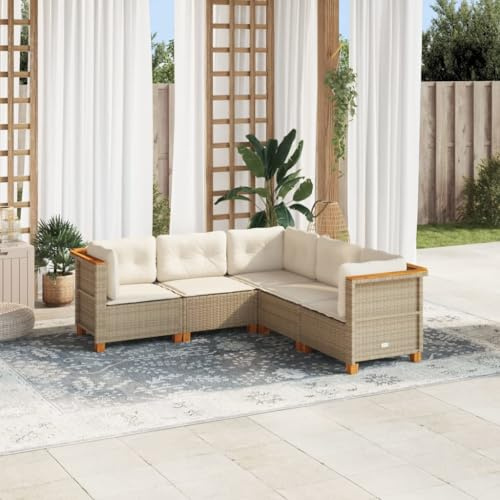 QJBSAVVA 5-teiliges Garten-Ecksofa Set Beige Poly-Rattan 63,5 cm mit abnehmbaren Kissen und Akazienholz-Beinen Modernes Balkonmöbel-Set für kleine Balkone Terrassen und Lounge-Plätze