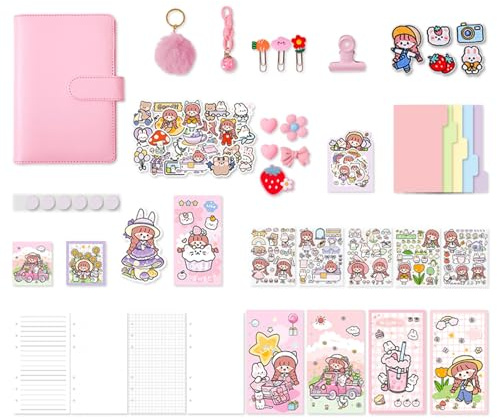 Pink A6 Planner Set with 44 Pieces, 6-Ring Binder Notebook with Stickers, Dividers, Decorative Cards, Cute Cartoon Design for Journal and Daily Planning (Pink - Deluxe Edition)