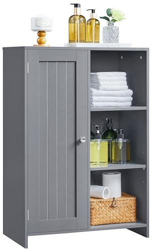 Yaheetech Badezimmerschrank, Freistehender Badschrank mit 1 Tür und 3 Offenen Ablagen, Kommode mit 1 Verstellbaren Einlegeboden, Aufbewahrungsschrank für Badezimmer Wohnzimmer Flur Küche (Dunkelgrau)