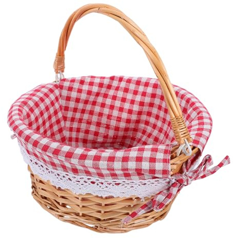 Decomelody Cesta De Picnic De RatáN Natural con Asas para Llevar Pequeña Cesta Tejida para Frutas Y Verduras PortáTil para Cocina Y Actividades Al Aire Libre DiseñO Rojo a Cuadros