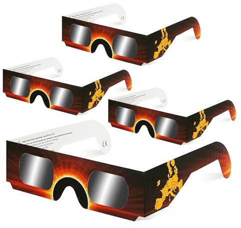 QIWEI gafas eclipse solar homologadas QW-SOZ5 [Pack de 4], Certificadas EN ISO 12312-2, Visores Solares Seguros para Observación Directa del Sol, Filtros de Alta Definición