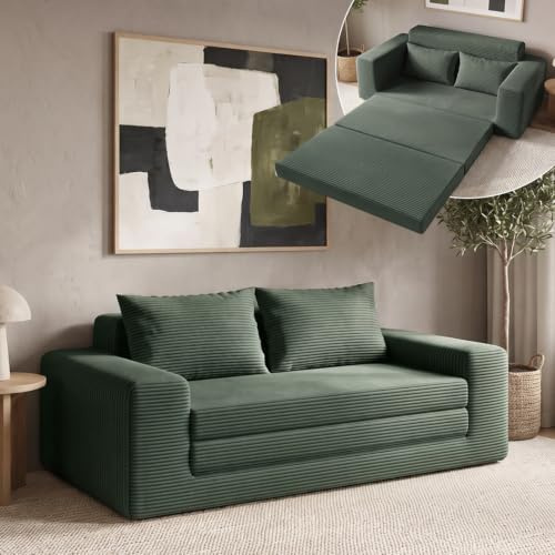 skølm Kvasir Schlafsofa 2-Sitzer 120 cm, Cord Dunkelgrün, Vollschaumsofa | Klappsofa mit Klappmatratze & 2 Kissen, mit Schlaffunktion, Gästebett, Cloud Couch, vakuumverpackt, Wohnzimmer, Wohnsofa