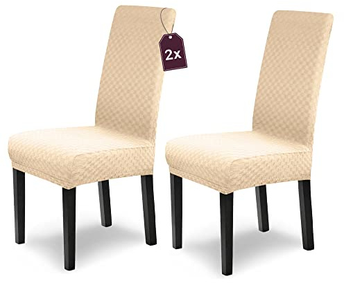 Scheffler Home Stuhlhussen 2er Set Creme für Schwingstühle Karo Emil | Waschbare Stuhlbezüge, Öko-Tex zertifiziert, Stretch Chair Cover für Freischwinger und Esszimmerstühle