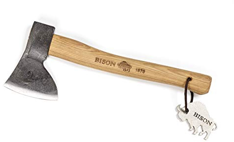 Bison Jägerbeil 1879 500g I Allrounder 330 mm lang für Wald, Camping & Outdoor I Handgeschmiedet I 3-fach Sicherheitsverkeilung mit Echtleder Schneidenschutz, natur