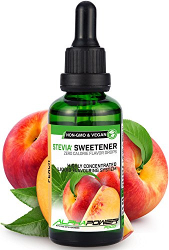 ALPHA POWER FOOD®: Stevia líquida natural - Stevia Gotas de melocotón, Edulcorante natural, sustituto del azúcar con sabor - sin azúcar & calorías