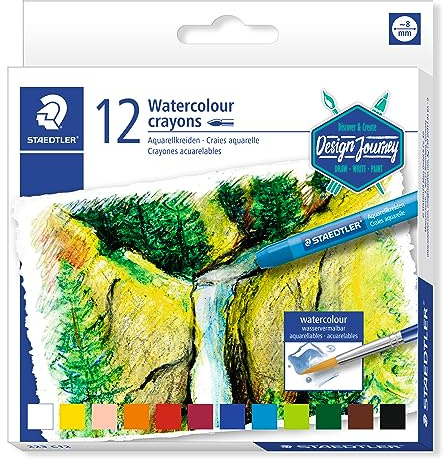 STAEDTLER 223 Aquarellkreide – 12er Set, rund, 8 mm | Hochopak, mit Pinsel vermalbar – für Aquarell-Effekte – Art.-Nr. 223 C12