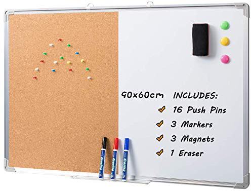 DOEWORKS Magnetic Whiteboard & Bulletin Board Set 90 x 60cm Combination Board, Wall Mounted Hanging Noticeboard, Dry Erase & Cork Board for Home Office School