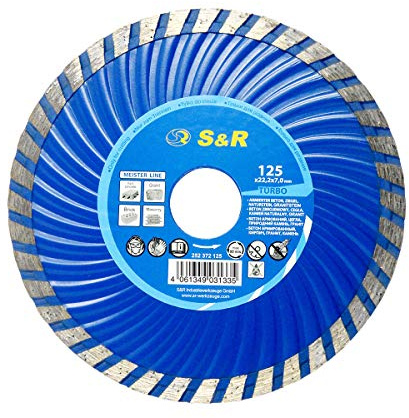 S&R Diamanttrennscheibe 125 x 2,2 x 22,2 mm TURBO-CUT, Industriequalität, Trennscheibe für Beton, Stahlbeton, Granit, Naturstein, Ziegel, Trockenschnitt, robuste vibrationsarme Wellenkern-Geometrie