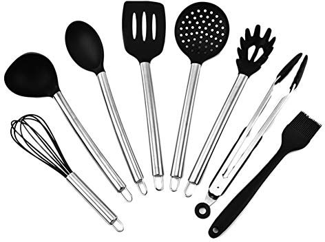 kit Ustensiles de Cuisine en silicone, sans BPA, contient Spatula Cuillère De Cuisine Louche Palettes Cuillère à spaghetti Cuillère à servir etc. Noir 8pcs