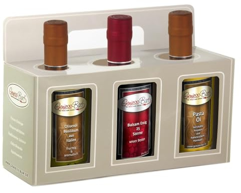 Essig & Öl Geschenkbox 3x 0,35L in premium Qualität Olivenöl Basilikum/Aceto 25 Sterne Balsamessig/Pastaöl