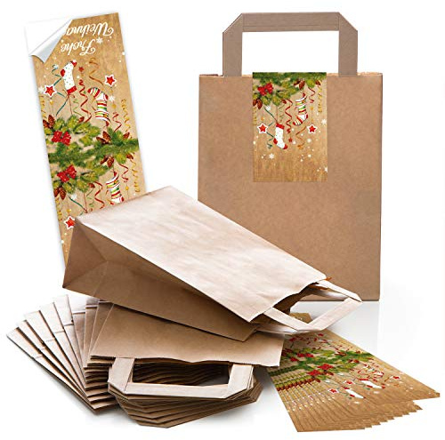 Logbuch-Verlag 10 kleine rot grün braune FROHE WEIHNACHTEN Geschenktüten Weihnachtstüten aus Papier mit Aufkleber zum Geschenke verpacken