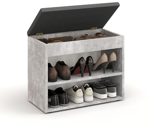 KOMTO Schuhbank mit Sitzfläche - Schuhregal Bank mit Stauraum Beton 60 x 48 x 32 cm Kleiner Schuhschrank mit Sitzbank Flur Bank Garderobenbank Sofia, Beton Polster Grau