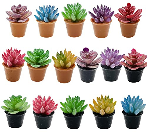 Cayway Plant Miniature 16 PCS Artificial Plant Tiny Bonsai Model Mini Flowerpot Fake Succulent House for Mini Garden Decorations