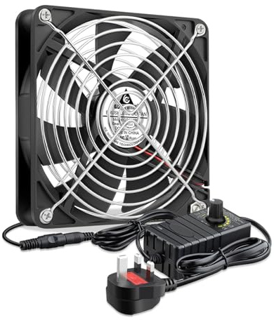 GDSTIME 140mm Computer Fan 12V DC AC 220V 240V UK Plug | 4 - 12V Speed Controller, Dual Ball Bearing PC Cooling Fan 2800 RPM for Case Cabinet PSU
