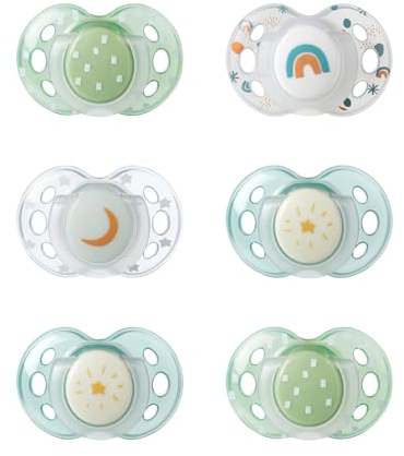 Tommee Tippee Night Schnuller, Symmetrische Kiefergerechte Form, BPA-freies Silikon, Im Dunkeln Leuchtender Griff, 18-36M, 6er-Set, mehrfarbig