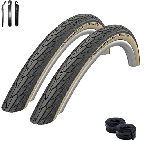 2 x Schwalbe RoadCruiser K-Guard HS 484 Fahrradreifen schwarz/gumwall 32-630 (27 x1 1/4) + 2 Schwalbe SV17 40 mm Schläuche inkl. Reifenheber