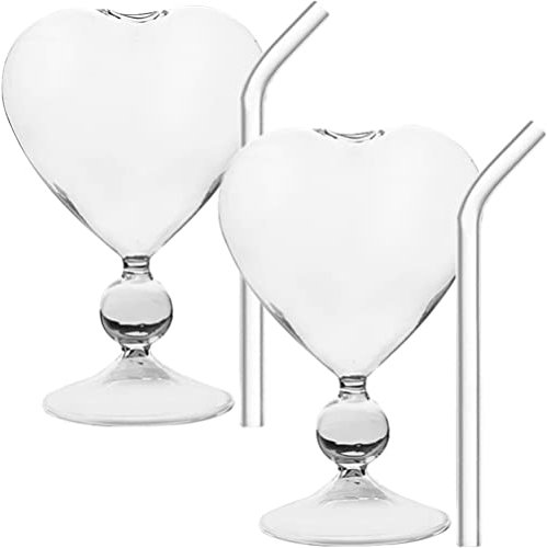Kichvoe 2sätze Herzförmige Weingläser Herzförmige Cocktailgläser Mit Strohhalm Einzigartige Glaswaren Für Bar Und Party Geeignet Für Kaffee Tee Milch Und Andere Getränke