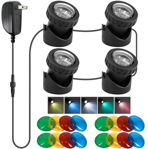 Miabiual Submersible LED Fountain Lights, IP68 Waterproof Underwater Pond Lights with Color Lense for Waterwall Fountain Fish Tank Decor, 4 Lights