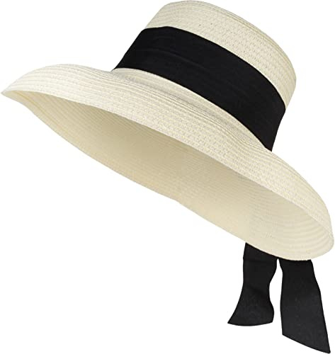 styleBREAKER Damen Sonnenhut Papierstroh Breites Hut Zierband, Creme
