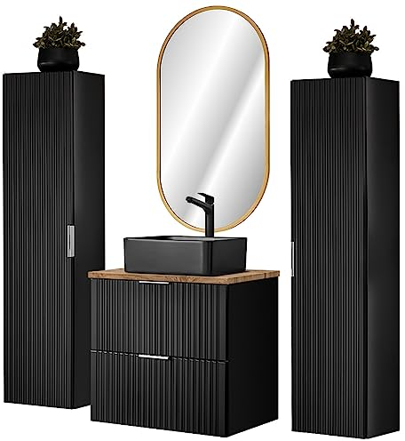 Lomadox Badmöbel Komplett Set mit schwarzem Keramik Aufsatzwaschbecken, matt schwarz mit Eiche Nb., Front gerillt (2 Hochschränke, 1 LED-Spiegel, 1 Waschtisch mit Aufsatzbecken)