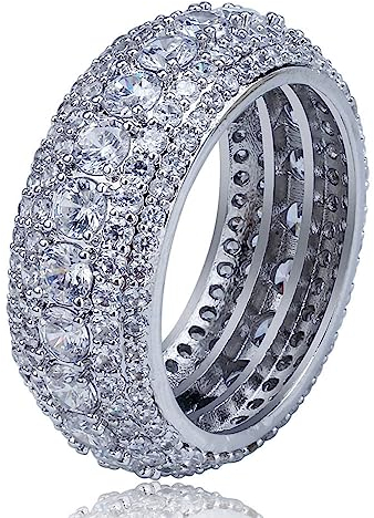 Männer Verlobungsringe Luxus Iced Out Cubic Fünf Reihen Square Zirkonia Ring Hiphop Schmuck Zubehör für Party,Silber,9