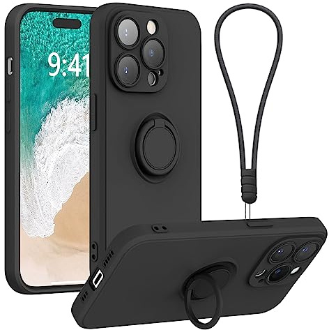 Galful Compatible with iPhone 14 Pro Max Case with Wrist Strap Support Magnetic Car Mount Soft Silicone Shockproof Case Non-Slip Protective Phone Cover for iPhone 14 Pro Max,Black