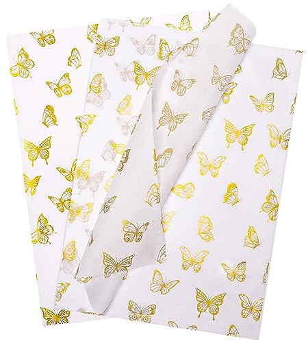 60Pcs Schmetterling Seidenpapier Blätter, 14x20inch Gold Wrapping Seidenpapier Bulk für Verpackung Hochzeit Weihnachten Geburtstag Party DIY Geschenk Dekorationen (weiß, 50X35cm)