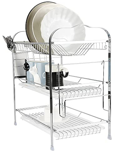 RELOVE Scolapiatti a 3 livelli, scolapiatti per stoviglie forniture da cucina, supporto portaoggetti con 42 x 25 x 49 cm (gabbia per baguette + portabicchieri)
