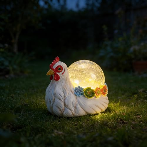 Vasesun Solar Hen Garden Statue Lights for Outdoor Decor with Cracked Glass LED Ball Figurine Lighting Resin Succulent White Chicken Decorations for Patio Lawn Yard Valentine Gifts for Mom Wowen