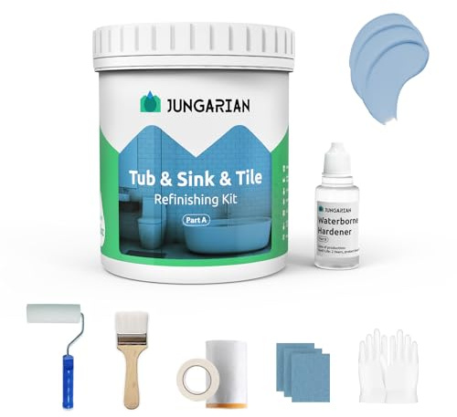 Jungarian Tub and Tile Refinishing Kit 17.5oz with Tools, Low Odor DIY Bathroom Paint Sink Tub Countertop Tile Shower Paint for Bathroom Kitchen Porcelain Fiberglass, Semi-Gloss Sky Blue