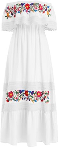 ABEHIK Mexican Embroidered Dress for Women Off Shoulder Maxi Dress Traditional Summer Loose Lace Floral Print Ruffle Neck Sleeveless Beach Vacation Cinco de Mayo Outfit White M