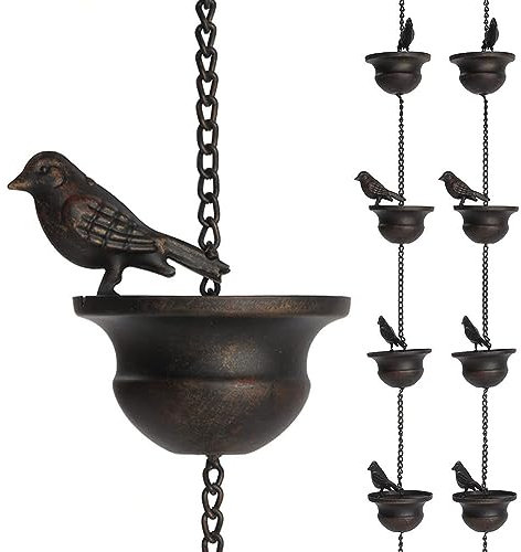 Fiorky 8 Fuß bronzefarbene dekorative Vogel-Regenkette, Mobile Regenwasserauffangkette aus Metall, Ersatz-Fallrohr, Entwässerungs-Regenkette, 8 Vogelbecher for den Innenhofgarten im Freien