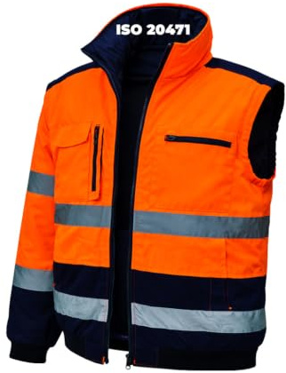 Giacca Alta Visibilità Taglia XXL ISO 20471 Arancione Blu Navy – Imbottita Antivento Antipioggia – Tasche Zip Cantiere Logistica Strade