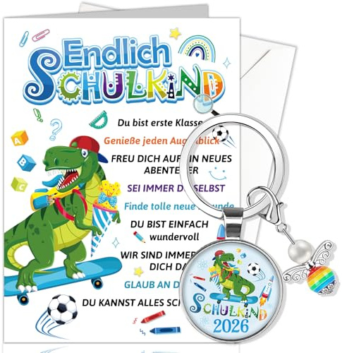 HOWAF Dino Glückwunschkarte Einschulung Karte mit Umschlag, Karte Schulanfang Schulkind 2026 Schutzengel Schlüsselanhänger Glücksbringer Schulanfang Geschenk zur Einschulung Junge