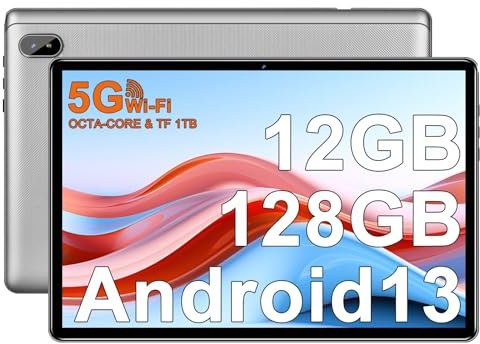 FACETEL Tablet 10 Pulgadas Android con Octa-Core 2.0 GHz, 12GB RAM + 128GB ROM (1TB TF), 5G WiFi + Bluetooth 5.0, 5MP+8MP, HD IPS, Facciale ID, Widevine L1, Tablet con Case - Plateado
