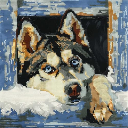 RKFLGEW DIY knüpfen set anfänger Heiser knüpfkissen mit vordruck Hund Tier Knüpfhaken-Kissen-Set，DIY-Kissenbezug zum Basteln，bedruckte Leinwand für Anfänger，Stickerei，Bastelkissen 43x43cm
