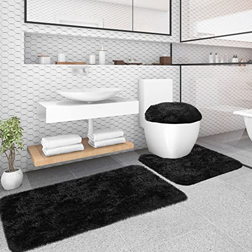 McEu Alfombra Baño 3 Piezas de Pelo de imitación, Absorbente Larga Alfombrillas Baño de Pelo Largo y Alfombrillas para Inodoro, Antideslizante y Lavable(50x120cm+50x50cm+38x47cm, Negro)