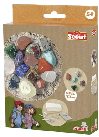 Simba 109462661 - Scout Mineralien-Ausgrabungsset (5 Steine zum Ausgraben) - Forscher- und Entdecker-Spielzeug für Kinder ab 5 Jahre inkl. Lupe, Werkzeug & Beutel, zufällige Auswahl aus 3 Sets