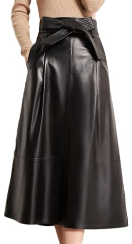 Gonne da donna in vera pelle di pecora a vita alta A-Line gonna media lunghezza con cintura, Nero , L