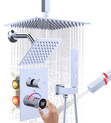 Mixer Shower System with Digital Display Thermostatic Valve Chrome | Brass, 10 inch Ceiling & 6 inch Wall Mounted Dual Rainfall Shower Head, 2 Modes Handheld, 3 Way Concealed Valve Faucet Set