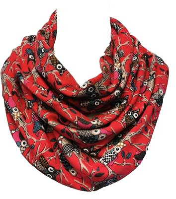 WANSSY® Damen Winterschal Loopschal Rundschal Schlauchschal Feinstrick warm weich mit süß Eule Muster vielen Farben (Eule Äste Rot)