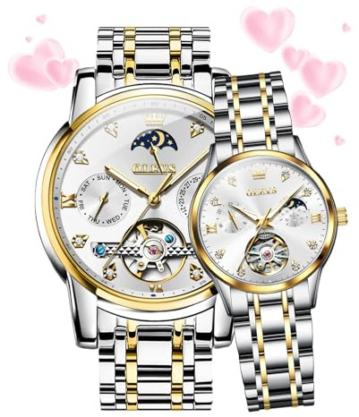 OLEVS Pärchen-Uhren für Damen und Herren, automatische Uhr für Sie und Ihn, mechanischer Abschleppton, Edelstahl, wasserdicht, leuchtend, Datumsanzeige, Zweifarbig und goldweiß, Valentinstag