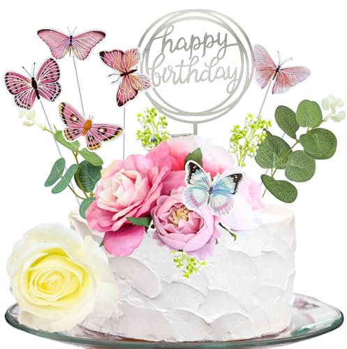 Gyufise 22Pcs Flower Cake Toppers Butterfly Cake Decorations Happy Birthday Cake Toppers Artificial Pink Rose Flowers Eucalyptus Butterflies for Girls Birthday Party Wedding Supplies Pink