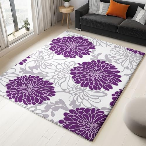 Generisch Waschbarer Teppich Chrysantheme Lila 160x230cm Modern Wohnzimmer Druck Teppich Antirutschunterlage für Schlafzimmer Kinderzimmer Büro, Pflegeleicht
