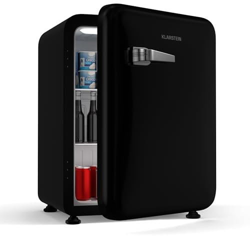 Klarstein Audrey Evo 68L Mininevera Retro - Silenciosa 40 dB, Termostato Ajustable, Puerta Reversible, Nevera Pequeña para Habitaciones, Oficinas, Diseño Vintage, Negro