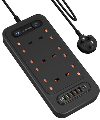 BOCHLION Extension Lead with 6 USB Slots, 6 Way Plug Extension Socket Surge Protection Power Strip with 2M Extension Cord Wall Mounted for Home Office-Black