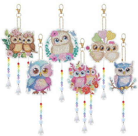 JGIIIJLP Diamond Painting Wind Chimes Craft - 6 Pcs Owl Diamond Painting with Crystal Pendant Double Sided Rhinestone for Adults Kids Art DIY Crafts Gift Garden Window Home Office Decoration Supplies