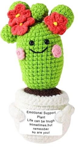 Onperpoe Cactus positivo all'uncinetto, pianta di supporto emotivo lavorata a mano con carta di incoraggiamento, simpatico supporto emotivo, regalo per la decorazione della scrivania della casa