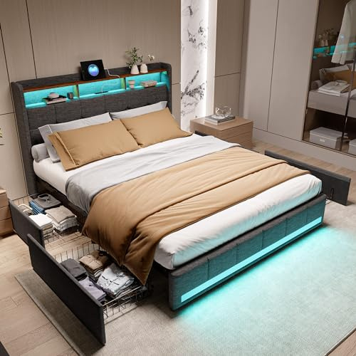 JYNVO Sängklädsel 160 x 200 cm med LED-belysning och USB-laddningsportar, förvaringssäng med 4 lådor, modern ungdomssäng, med förvaringsutrymme, grå linnesäng med ribbotten, utan madrass